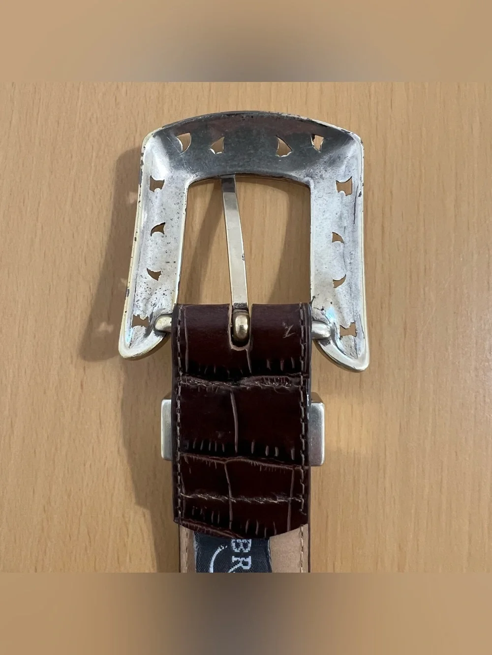 Brighton Classic Brown Croc-Embossed Leather Belt Ornate Silver Buckle 34/Large